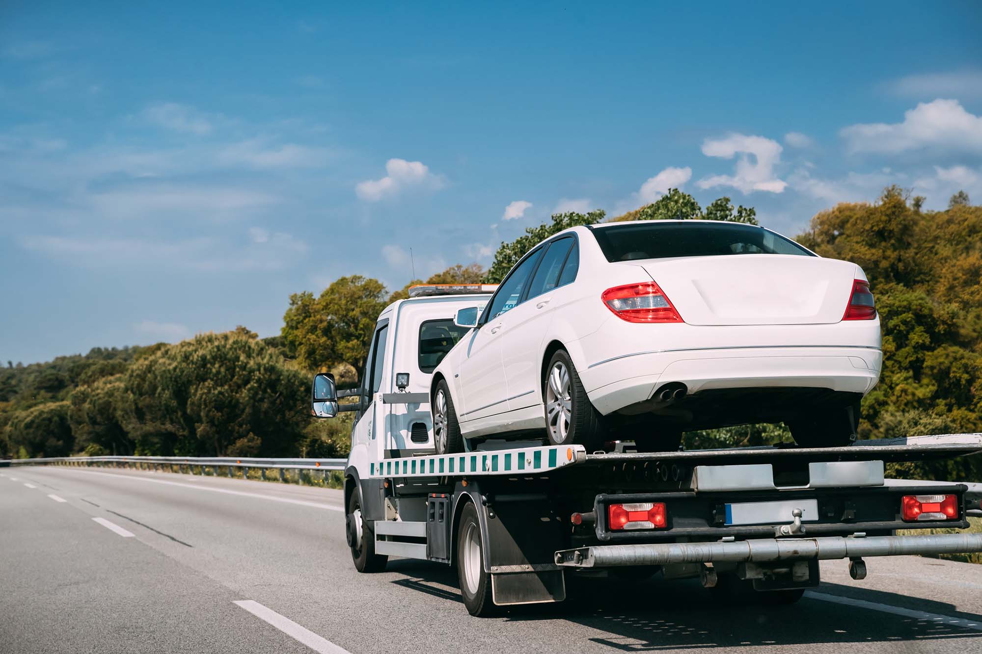 Car Service Transportation Concept. Tow Truck Transporting Car Or Help On Road Transports Wrecker Broken Car. Auto.